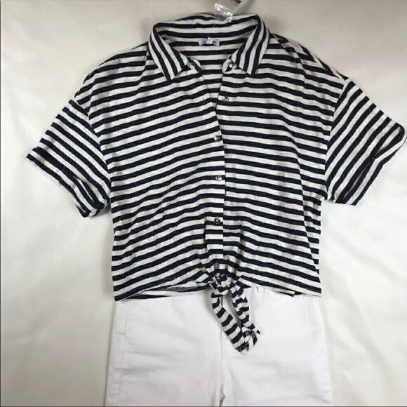 Splendid-Navy & White Stripe tie front shirt - Picture 1 of 4